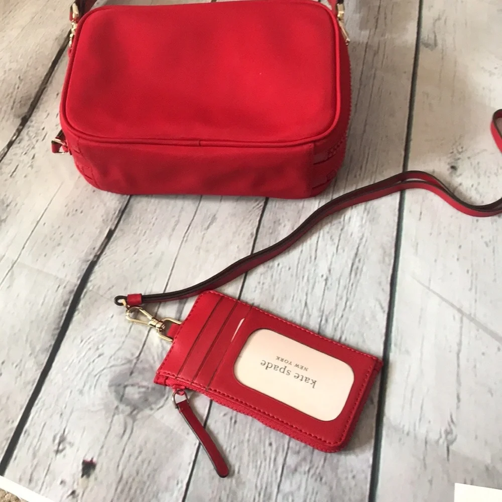 KATE SPADE RED CAMERA BAG AND CARD CASE/LANYARD